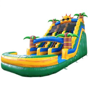 Palm tree dual lane inflatable water slide in green and yellow with two wet lanes and splash pool