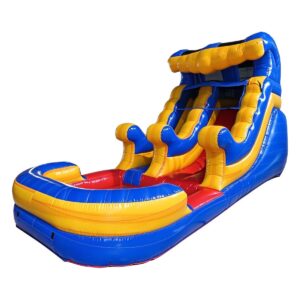 Tidal wave inflatable water slide with blue lane, yellow rails and splash area for rental