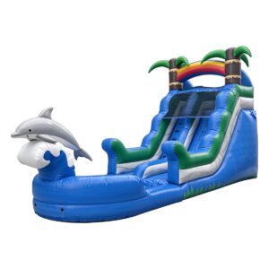 Dolphin theme inflatable water slide with rainbow arch, green rails and splash area for rental