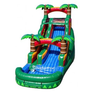Tropical palm tree inflatable water slide with green walls, blue lane and splash area for rental