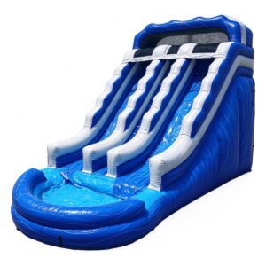 Dual lane summer splash inflatable water slide with wave print and splash pool for rental