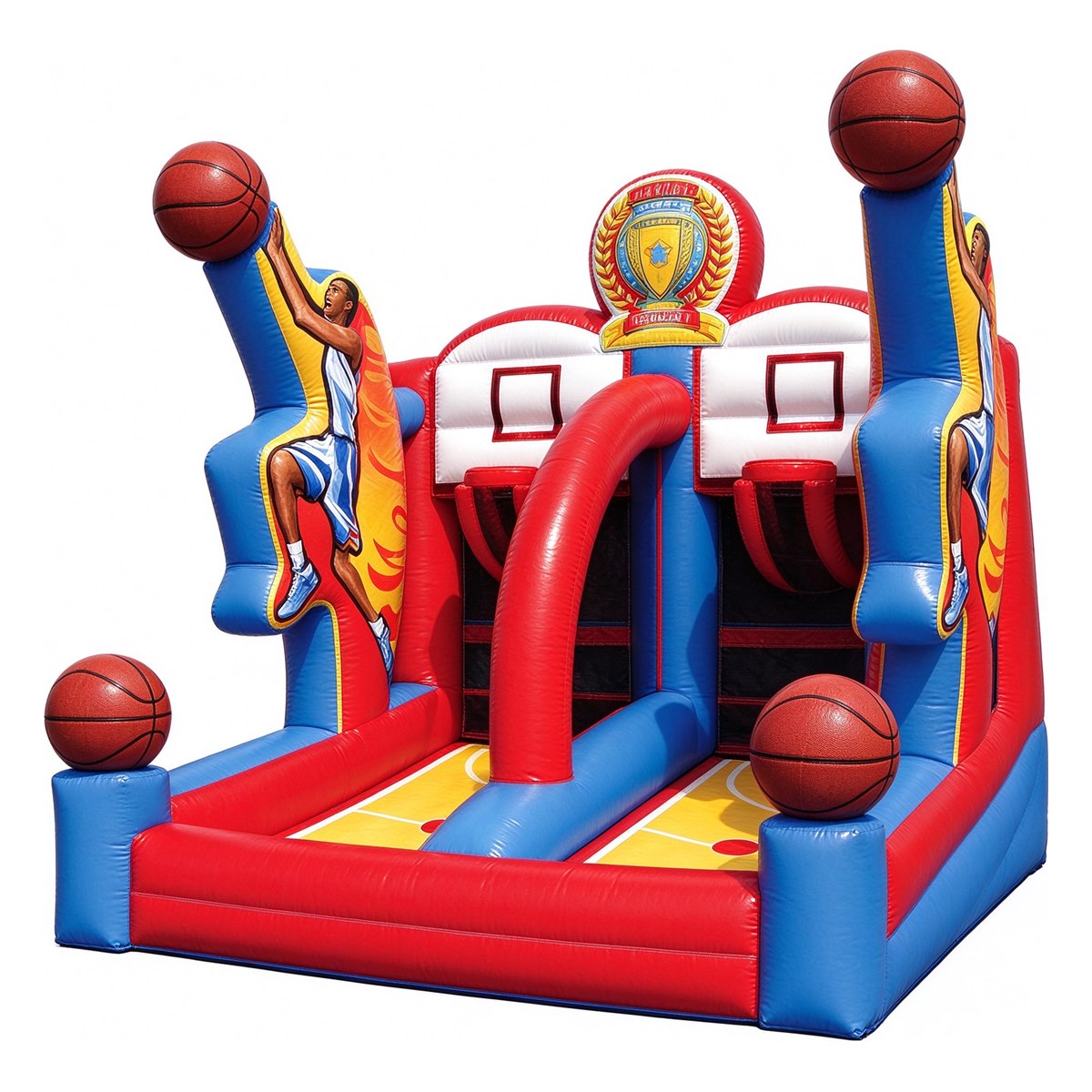 Full court press two-player inflatable basketball game with twin hoops for rental and events