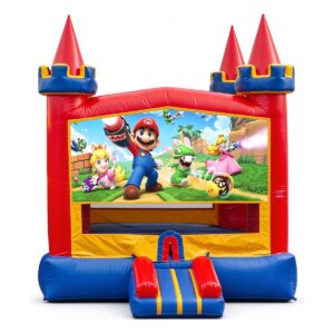 Video game character theme castle inflatable bounce house with tunnel entrance for kids party rental