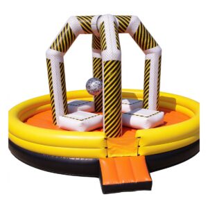 Inflatable wrecking ball game arena with hanging wrecking ball and pedestals for rental and events