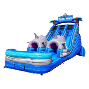 Shark beach adventure double lane inflatable water slide with shark tunnel entrances and splash pool for rental